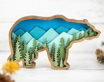 Layered Bear Art with Mountains and Trees great gift for outdoor lover home, cabin, blue and green nature colors