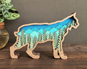 3D Layered Wood Bobcat Art, Rustic Wildlife Cabin Decor