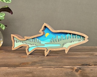 3D Layered Trout Fish Wall Art, Lake House Decor, Rustic Fishing Gift, Nature Wood Art, Cabin Wall Hanging, Outdoor Lover Gift, Fishing Gift