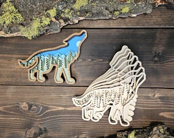 Layered Wood Wolf DIY Art Kit with Mountain Nature Landscape for Girl's Night or Birthday Party, Adult or Kid Craft Kit