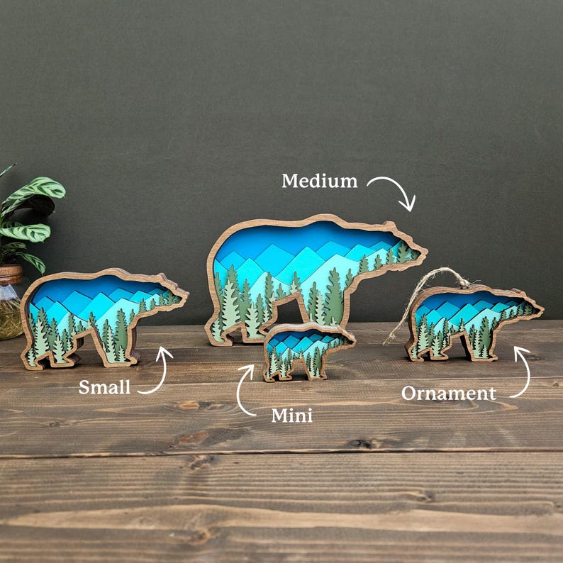 Layered Bear Art with Mountains and Trees great gift for outdoor lover home, cabin, blue and green nature colors image 2