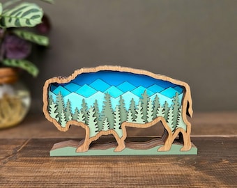 3D Layered Bison Wall Art – Wooden Bison Decor with Mountains and Trees – Nature Wildlife Art – Rustic Buffalo Artwork – Western Cabin Gift