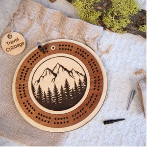 Mountain Scene Engraved Mini Travel-Sized Circle Cribbage Board Gift for Adventurous Cribbage Lovers