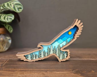 Wooden Eagle Wall Art – 3D Layered Eagle Decor with Forest and Mountain Scene – Nature Inspired Bird Gift for Outdoor & Wildlife Lovers