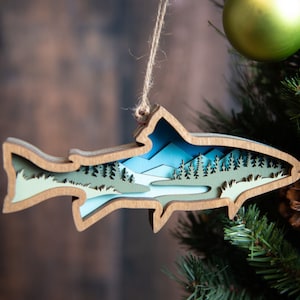 3D Wood Rainbow Trout Fish Christmas Tree Ornament, Best Gift for Fisherman, Fishing Gift for Dad or Grandpa, Perfect Nature Lover Gift