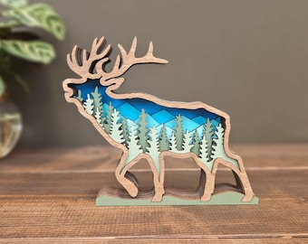 Rustic 3D Elk Wood Art with 7 Layer Laser Cut Forest Scene, Mountain Wildlife Wooden Decor, Nature Inspired Cabin Wall Shelf Accent