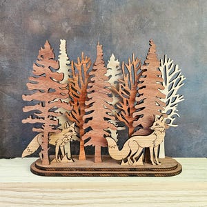 3D Layered Fox Pair Interchangeable Forest Scene Mantel Decoration, Christmas Decor, Winter Decoration, Shelf Sitter, Mantle Display