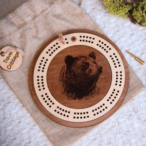 Grizzly Bear Engraved Mini Travel-Sized Circle Cribbage Board Gift for Adventurous Cribbage Lovers