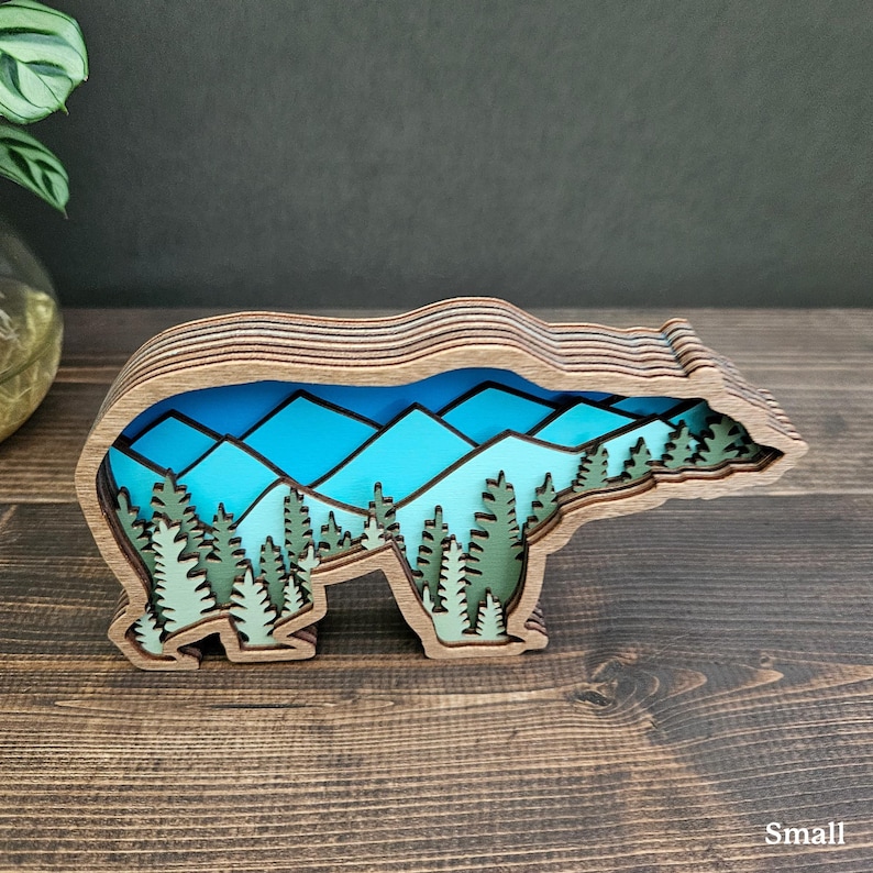 Layered Bear Art with Mountains and Trees great gift for outdoor lover home, cabin, blue and green nature colors image 5