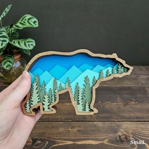 Layered Bear Art with Mountains and Trees great gift for outdoor lover home, cabin, blue and green nature colors image 3