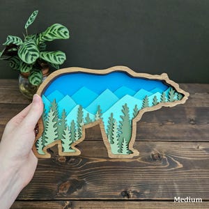 Layered Bear Art with Mountains and Trees great gift for outdoor lover home, cabin, blue and green nature colors image 8