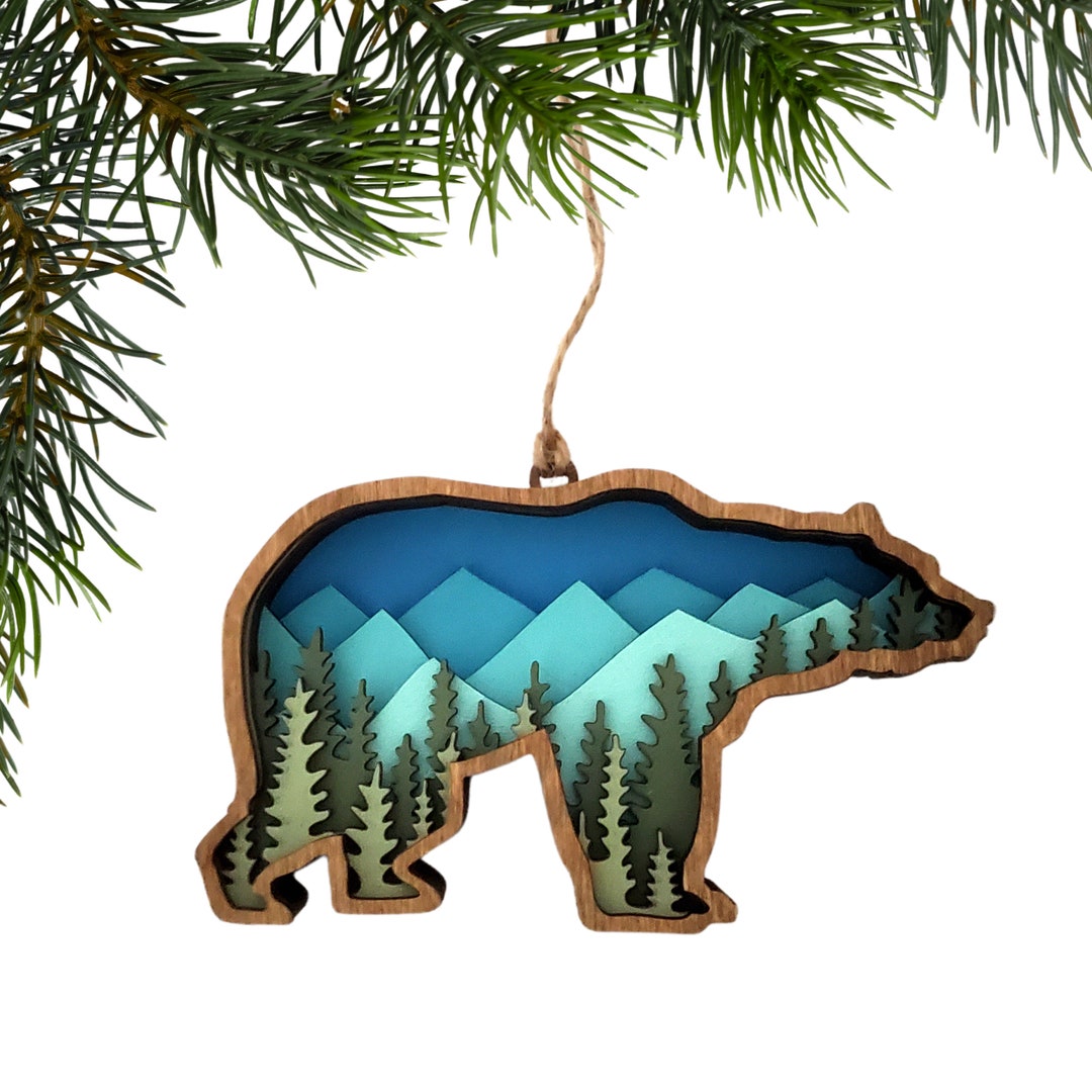 Bear Ornament, 3D Wood Bear, Christmas Ornament, Blue and Green, Nature