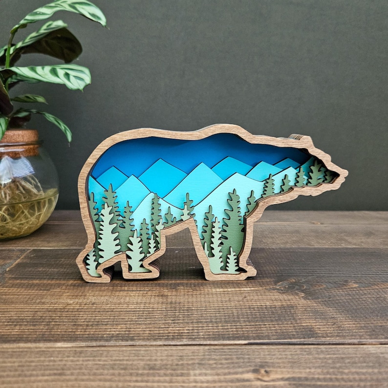 Layered Bear Art with Mountains and Trees great gift for outdoor lover home, cabin, blue and green nature colors image 1