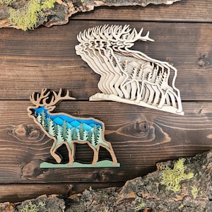 Layered Wood Elk DIY Art Kit with Mountain Nature Landscape for Girl&#39;s Night or Birthday Party