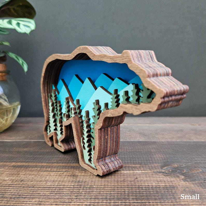 Layered Bear Art with Mountains and Trees great gift for outdoor lover home, cabin, blue and green nature colors image 4