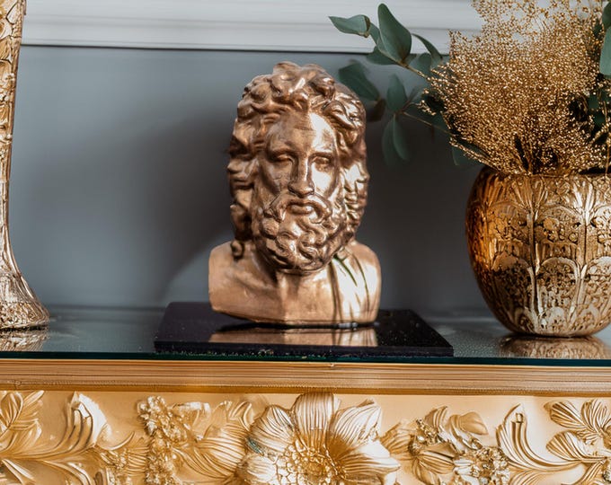 Zeus Bust Statue: Gold Stripe Accent, Greek Sculpture Home Decor