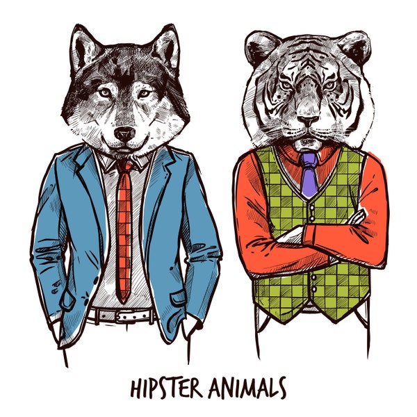 Hand Drawn Hipster Animals illustration SVG Wolf and Tiger in Suits Poster Clipart Silhouette Vector Cut file for Cricut Commercial Use PNG