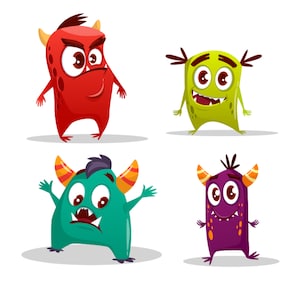 Ilustración de paquete SVG de garabatos de monstruos lindos dibujados a mano, conjunto de imágenes prediseñadas de bestias kawaii, archivos de corte vectorial de silueta para descarga digital de Cricut PNG