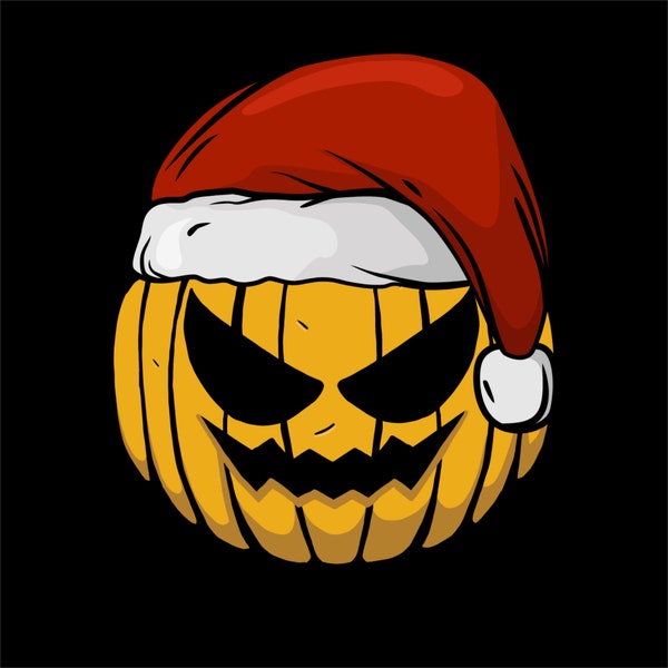 Hand Drawn Spooky Christmas Pumpkin in Santa Claus Costume Digital illustration Halloween Mood Clipart Vector Silhouette Cut file for Cricut