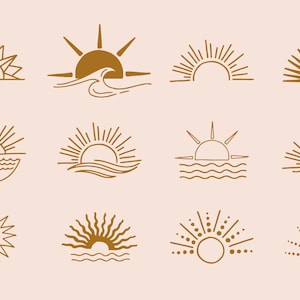 Ręcznie rysowane słońce Golden Line Art SVG Bundle Sunbeams Cliparts Set Rays Silhouette Pack Vector SVG plik do pobrania Cricut Digital PNG jpg eps