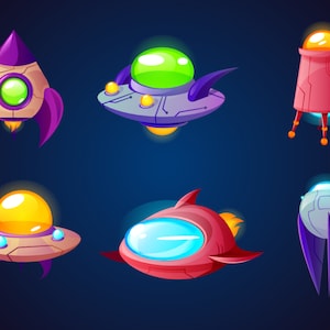 Hand Drawn Cartoon Space Ships SVG Bundle Alien Galaxy Shuttles Set Silhouette Vector Cut files for Cricut Digital Download Commercial Use
