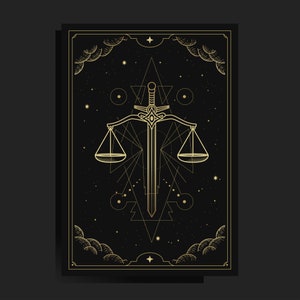 Handgezeichnete Skala der Gerechtigkeit Tarot Karten SVG Schwert Form verziert mit Goldenen Wolken Clipart Mond Zirkulation Weltraum Digitaler Download