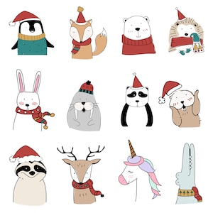 Bundle de vacances Noël animaux SVG, clipart animaux bonnet de Noel cricut, téléchargement vectoriel de Noël renard raton laveur cerf lapin ours hérisson, png, svg
