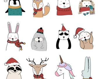 Christmas Holiday Animals SVG bundle, Animals Santa hat clipart cricut, Xmas Fox Raccoon Deer Rabbit Bear Hedgehog vector download, png, svg