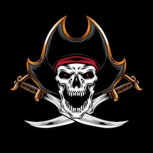 Ilustración del logotipo de calavera pirata dibujada a mano SVG Jinete con espadas Clipart Vector Silueta Archivos de corte para Cricut Descarga digital PNG JPG eps