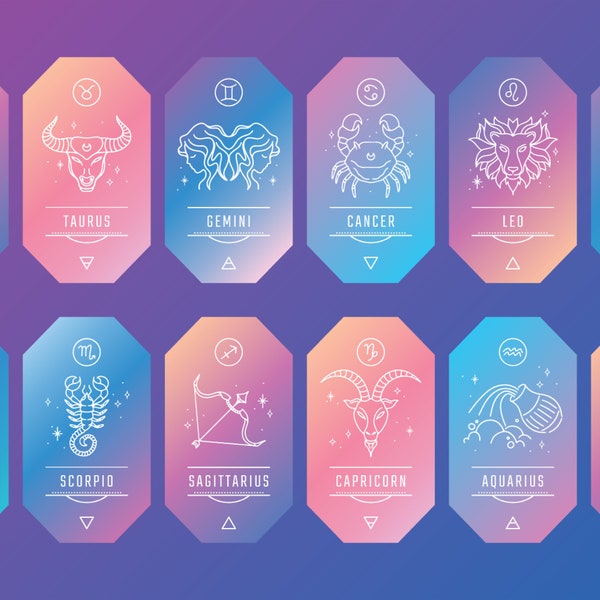 Hand Drawn Gradient Zodiac Signs SVG Bundle Horoscope Collection Set Astrology Clipart Pack Scorpio Cancer Taurus Gemini Libra Virgo PNG JPG