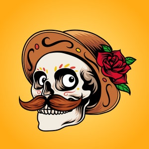 Desenho animado de caveira desenhada à mão em sombrero mexicano com bigode SVG Ilustração digital Cabeça de esqueleto Clipart Arquivo de corte para uso comercial Cricut
