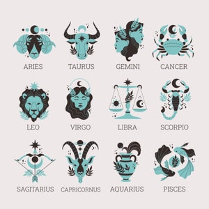 Bundle SVG signes du zodiaque minimaliste Scorpion Cancer Verseau Poissons Bélier Taureau Gémeaux Balance Vierge Verseau Clipart Couper des fichiers pour Cricut png