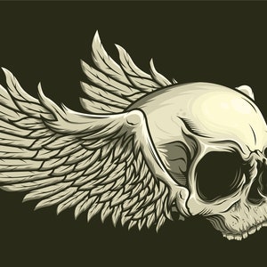 Ilustración SVG de calavera con alas dibujada a mano, silueta de cabeza de esqueleto volador, archivos de corte vectorial para Cricut, descarga digital PNG JPG