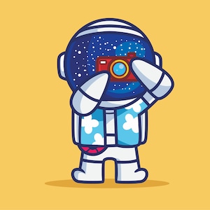 Ilustración SVG de dibujos animados de astronauta viajero dibujado a mano con cámara Lindo astronauta Clipart Silueta Vector Archivos de corte para Cricut PNG JPG eps