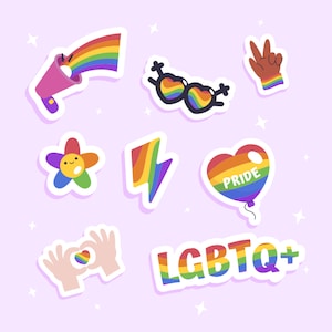 Paquete de pegatinas SVG de LGTBQIAP+ con lindos elementos del mes del orgullo, paquete de orgullo LGBT, lesbianas, gays, bisexuales, trans, siluetas prediseñadas, archivos de corte para Cricut, png, jpg