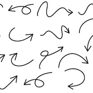 May include: A set of 16 hand-drawn black arrows pointing in different directions. The arrows are drawn in a simple, minimalist style and are perfect for use in design projects.