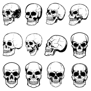 Têtes de mort dessinés à la main, Mega SVG Bundle, Skeleton Head Cliparts, Silhouette vecteur coupe fichiers pour téléchargement numérique Cricut, usage commercial PNG JPG