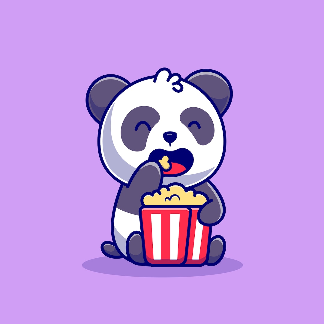 Hand Drawn Cute Panda Cartoon Eating Popcorn Illustration SVG Clipart ...