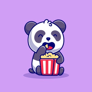 Ilustración de dibujos animados de panda lindo dibujado a mano comiendo palomitas de maíz SVG Clipart Silueta Vector Archivos de corte para Cricut Descarga digital Uso comercial