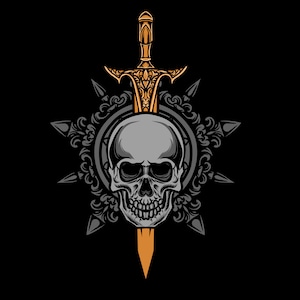 Hand Drawn Gray Skull with Golden Sword SVG Skeleton Head Knife Clipart Vector Silhouette SVG files for Cricut Instant Download PNG jpg eps