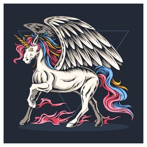 Ilustración de unicornio volador dibujado a mano SVG Criatura de fantasía con cabello colorido Clipart Vector Silueta Archivos de corte Cricut Descarga digital