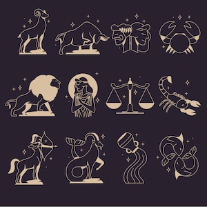 Bundle SVG signes du zodiaque plat dessinés à la main Scorpion minimaliste Cancer Verseau poissons Bélier Taureau Balance Vierge Clipart Couper des fichiers pour Cricut png