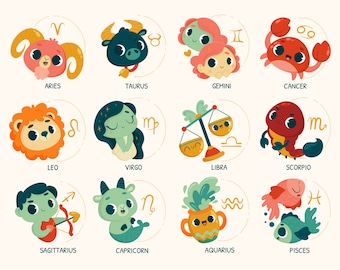 Kawaii Cartoon Zodiac Signs SVG Bundle Illustration Hand Drawn Horoscope Sign Pack Astrology Clipart Set Vector Cut files for Cricut PNG JPG