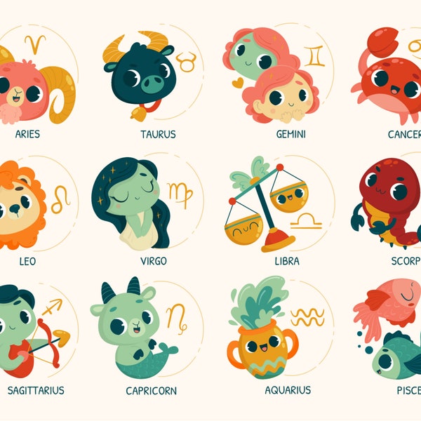 Kawaii Cartoon Zodiac Signs SVG Bundle Illustration Hand Drawn Horoscope Sign Pack Astrology Clipart Set Vector Cut files for Cricut PNG JPG