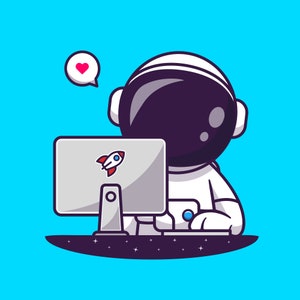 Hand Drawn Cute Astronaut Cartoon illustration SVG Working with computer in Helmet Clipart Vector Cut file for Cricut Commercial Use PNG JPG