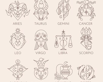 Black and White Zodiac Signs SVG Bundle, Cancer SVG, Zodiac Signs SVG, Aquarius svg, Pisces svg, Aries svg,eps,png,ai, digital download