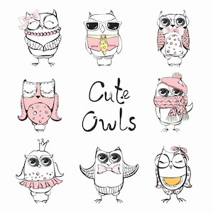 Hand Drawn Cute Hipster Owls SVG Bundle Cartoon Vintage Doodle Set Clipart Pack Vector Cut files for Cricut Digital Download PNG JPG eps