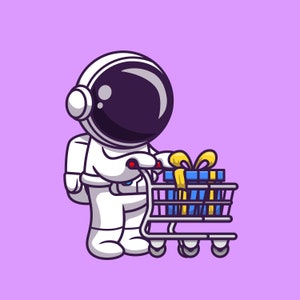 Caricatura dibujada a mano Astronauta empujando carrito de regalo SVG Ilustración digital Astronauta en casco Clipart Vector Archivo de corte para Cricut Silueta PNG