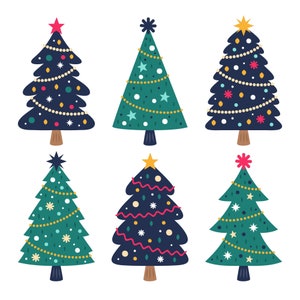 Pacchetto SVG di illustrazioni disegnate a mano di alberi di Natale, set di clipart minimaliste di alberi di pino, file vettoriali di umore natalizio per uso commerciale con Cricut