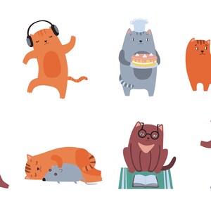 Hand Drawn Cute Cartoon Cats illustration SVG Bundle Pet Animals Mascot Clipart Set Silhouette Vector Cut file for Cricut Commercial Use PNG